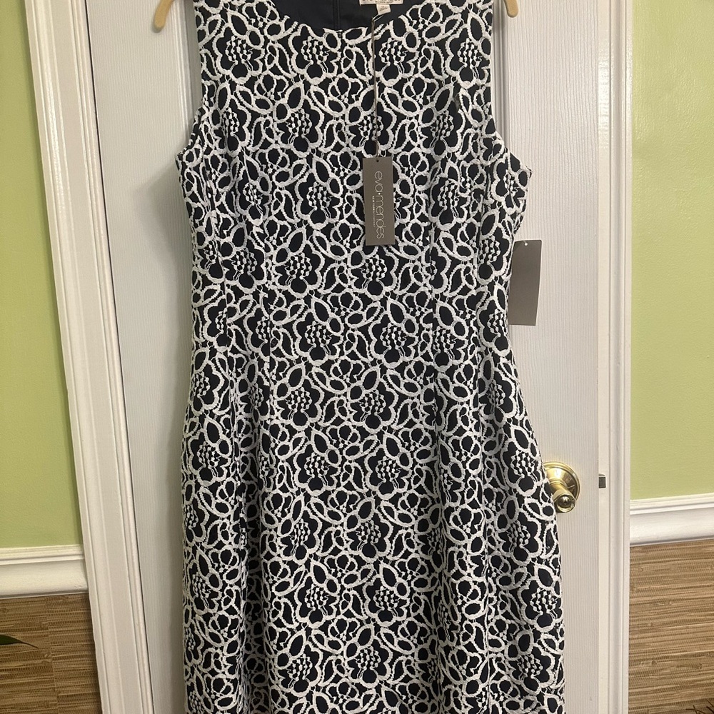 Eva Mendes Navy Blue and White A-Line Midi Dress